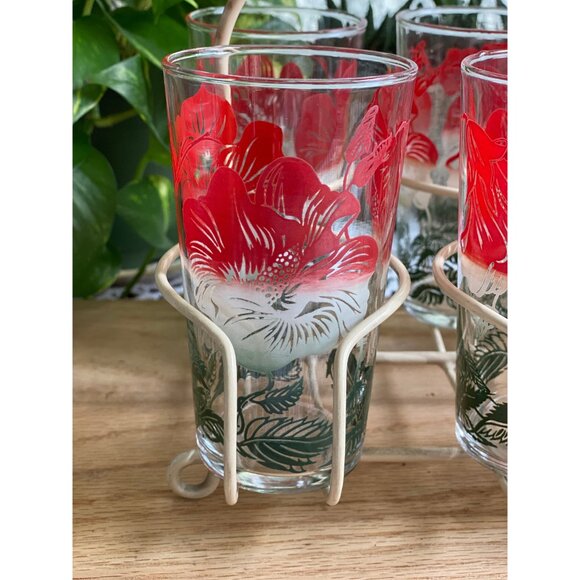 Hazel atlas Hawaiian hibiscus drinking glasses with caddy - 8 glasses - Picture 3 of 4
